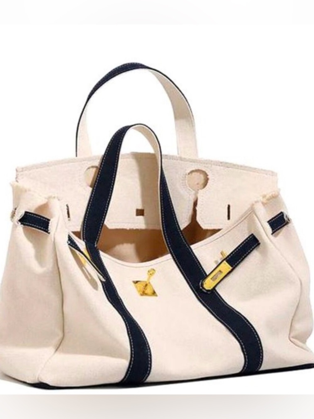 ELOVE Boatkin Viral Cream Canvas Tote with Dark Navy Trim Gold Hardware Big Size
